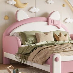 Bellemave® Cat Shaped Upholstered Platform Bed with Guardrails, Low Profile Kids Bed Frame with Headboard - Bellemave