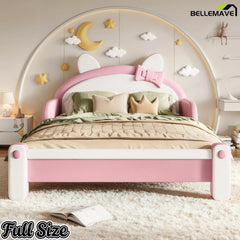 Bellemave® Cat Shaped Upholstered Platform Bed with Guardrails, Low Profile Kids Bed Frame with Headboard - Bellemave