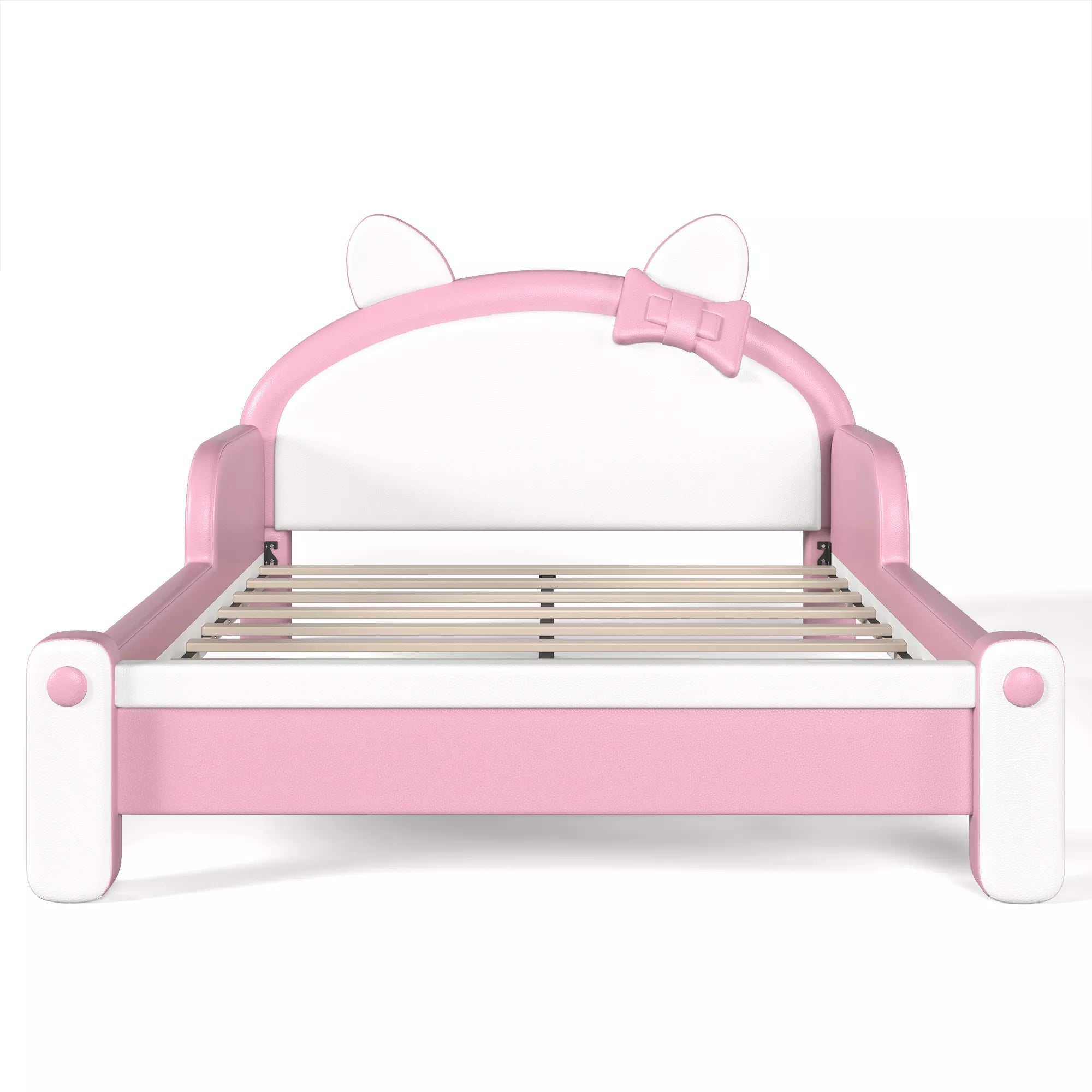 Bellemave® Cat Shaped Upholstered Platform Bed with Guardrails, Low Profile Kids Bed Frame with Headboard - Bellemave