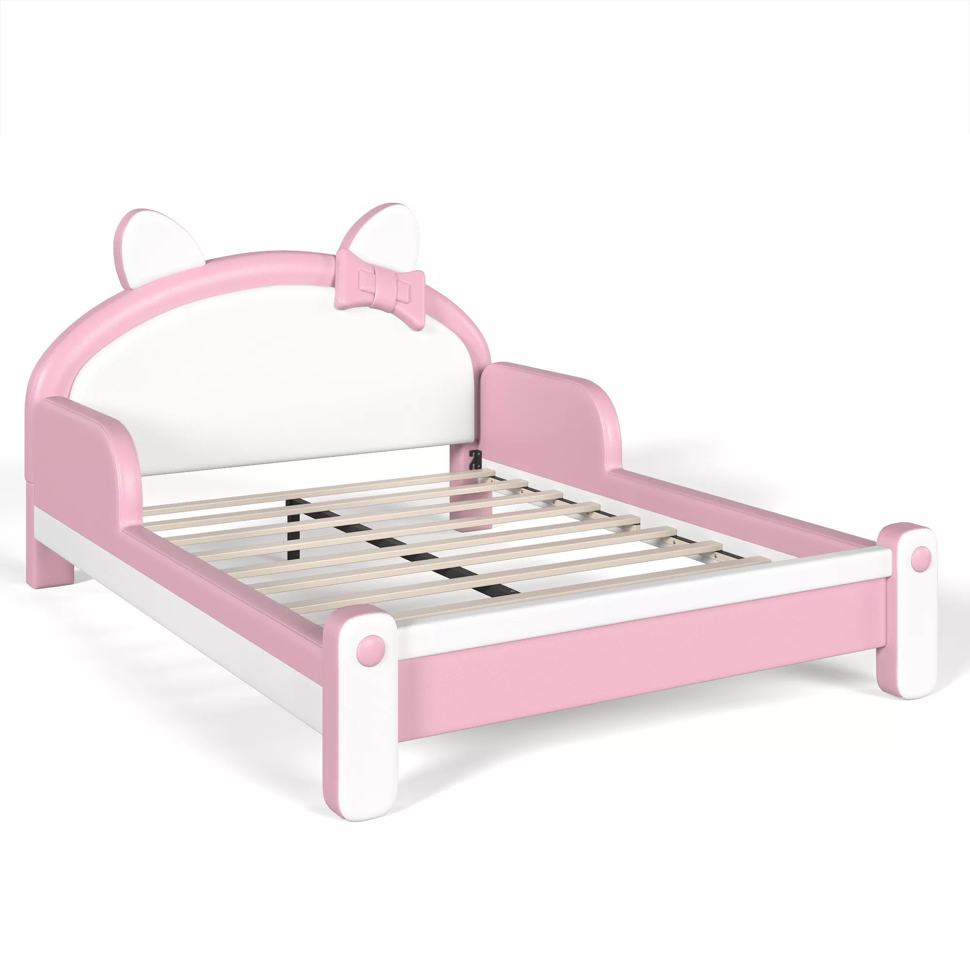 Bellemave® Cat Shaped Upholstered Platform Bed with Guardrails, Low Profile Kids Bed Frame with Headboard - Bellemave