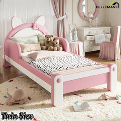 Bellemave® Cat Shaped Upholstered Platform Bed with Guardrails, Low Profile Kids Bed Frame with Headboard - Bellemave