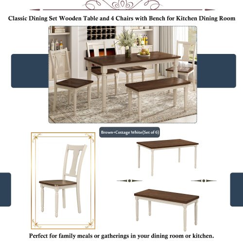 Bellemave® Classic 6 - Piece Dining Set, Wooden Table and 4 Chairs with Bench - Bellemave