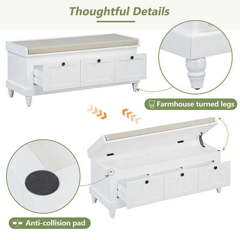 Bellemave® Classic Storage Bench with Cushioned Seat and Three Drawers - Bellemave