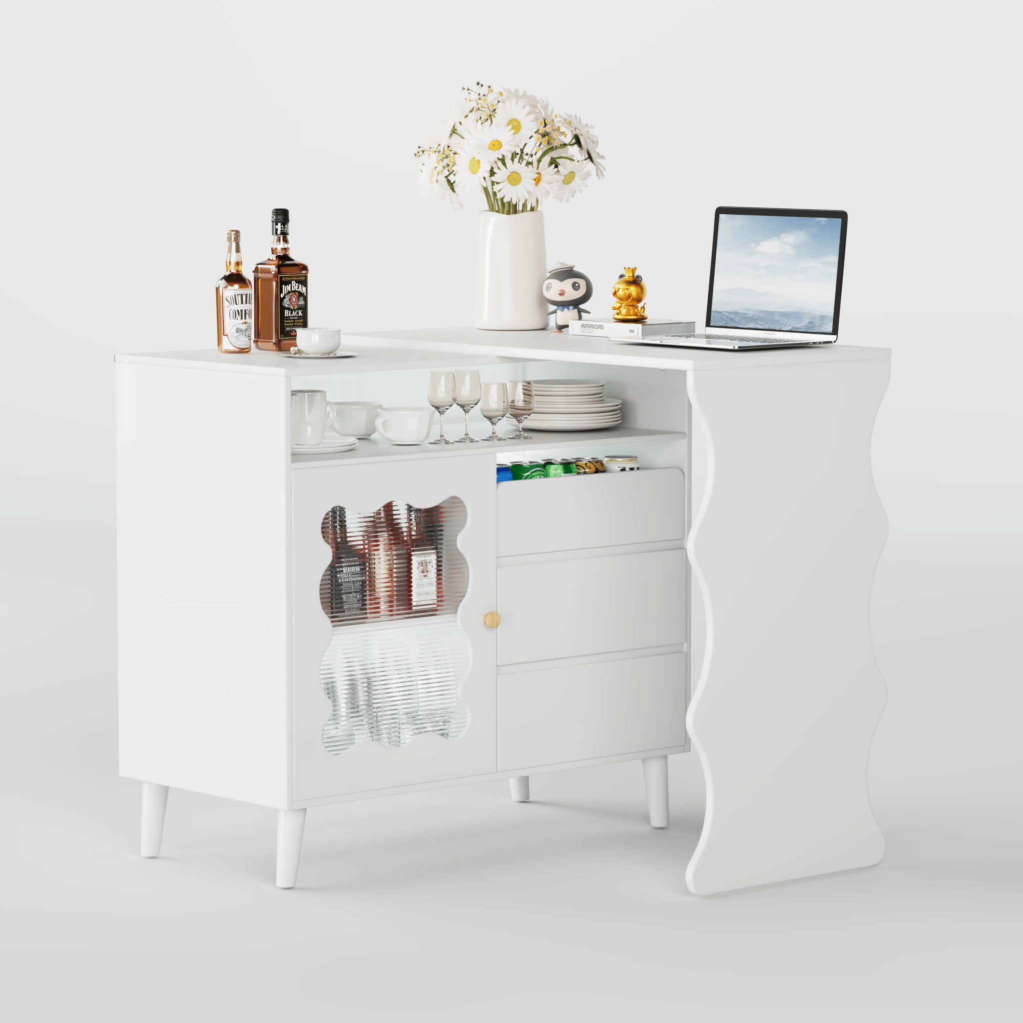 Bellemave® Cloud Wave Extendable Sofa Bar Table Cabinet Behind Couch Pub Table with LED - Bellemave