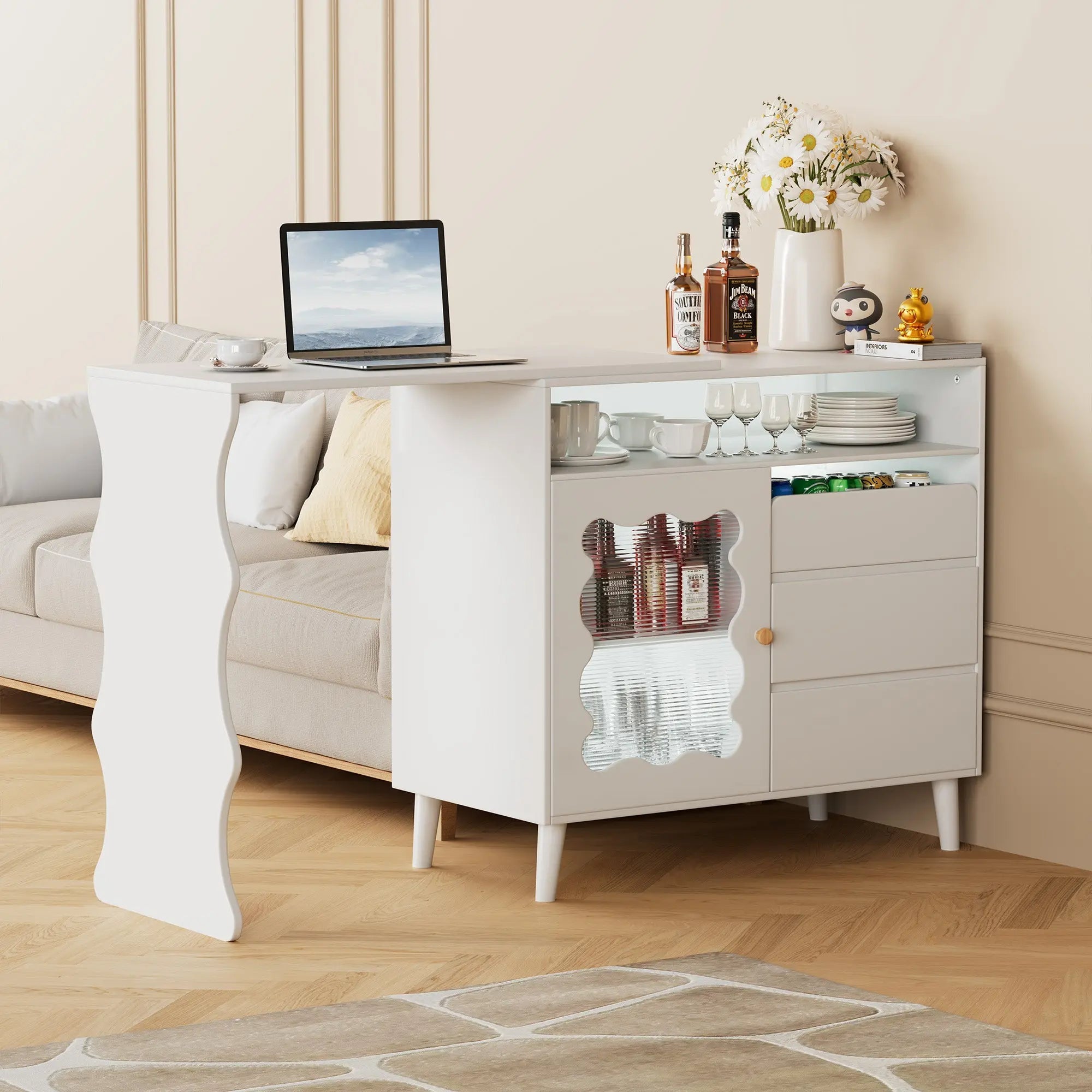 Bellemave® Cloud Wave Extendable Sofa Bar Table Cabinet Behind Couch Pub Table with LED - Bellemave