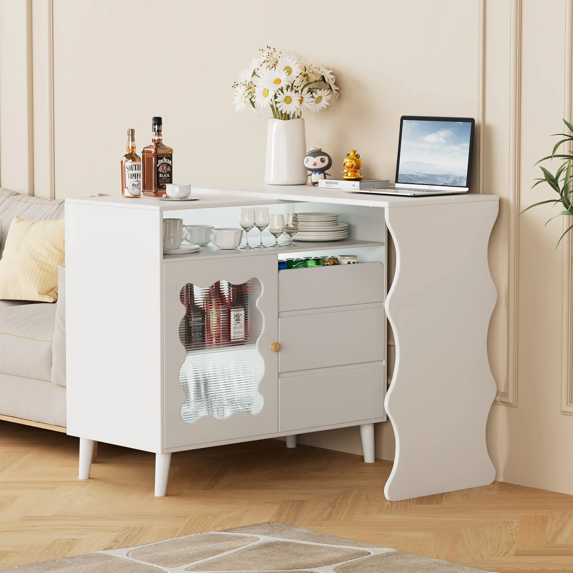 Bellemave® Cloud Wave Extendable Sofa Bar Table Cabinet Behind Couch Pub Table with LED - Bellemave