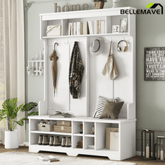 Bellemave® Coat Rack Modern Hallway Hall Tree with Metal Hooks and Storage Space, Multi - Functional Entryway Coat Rack with Shoe Cubbies, White,Hall Tree - Bellemave