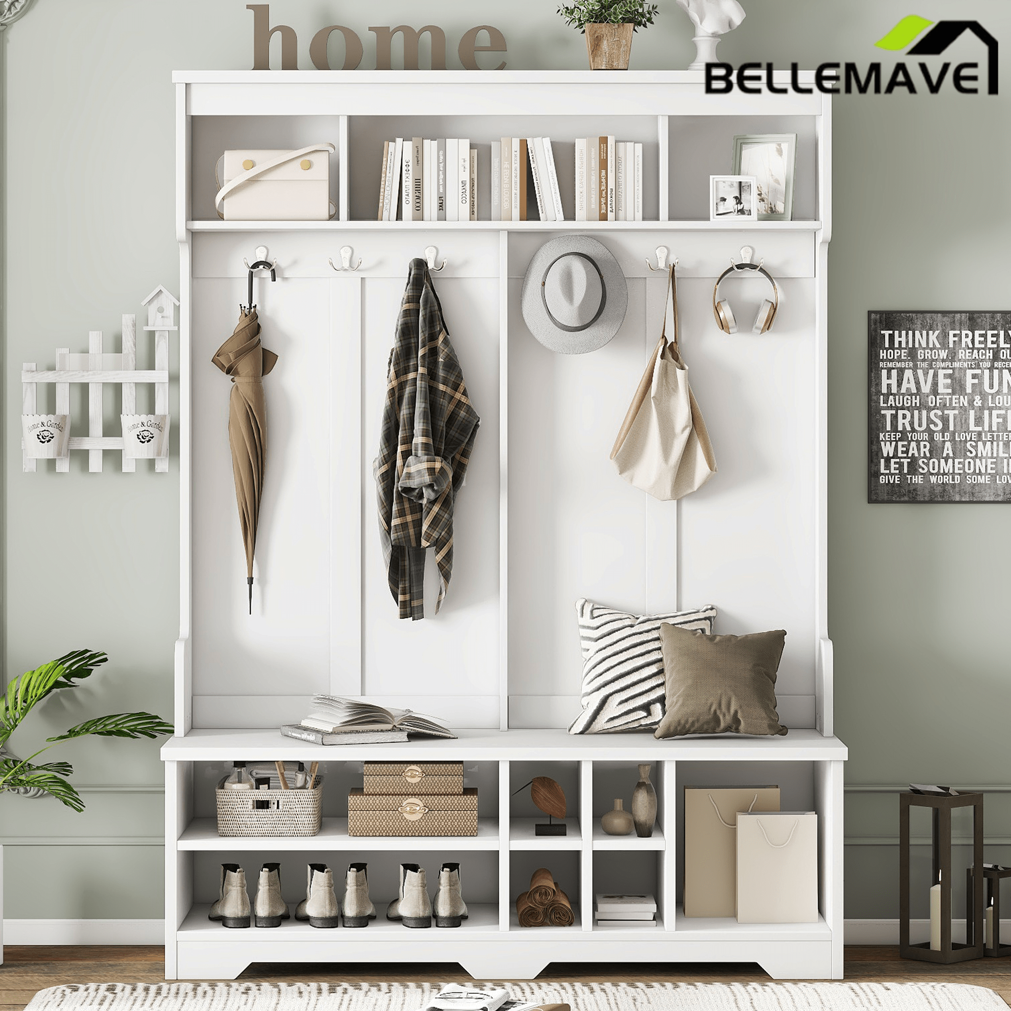 Bellemave® Coat Rack Modern Hallway Hall Tree with Metal Hooks and Storage Space, Multi - Functional Entryway Coat Rack with Shoe Cubbies, White,Hall Tree - Bellemave