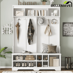 Bellemave® Coat Rack Modern Hallway Hall Tree with Metal Hooks and Storage Space, Multi - Functional Entryway Coat Rack with Shoe Cubbies, White,Hall Tree - Bellemave