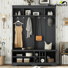 Bellemave® Coat Rack Modern Hallway Hall Tree with Metal Hooks and Storage Space, Multi - Functional Entryway Coat Rack with Shoe Cubbies, White,Hall Tree - Bellemave