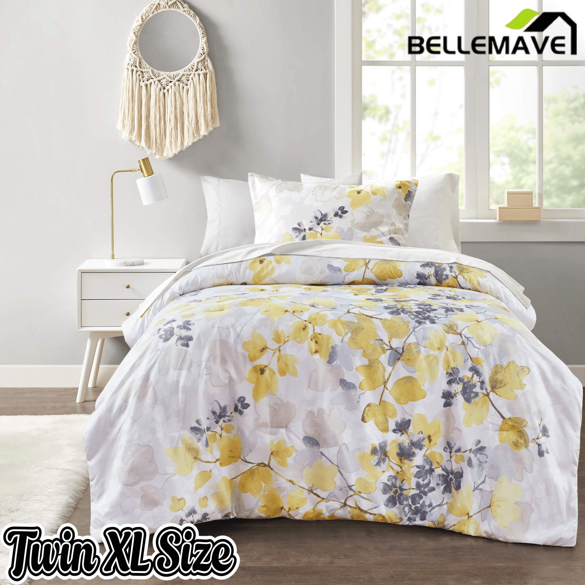 Bellemave® Comforter Set Yellow Bed Set, 6 Pieces Set Ultra Soft Botanical Flowers Comforter, Sheets, Pillowcases & Sham - Bellemave