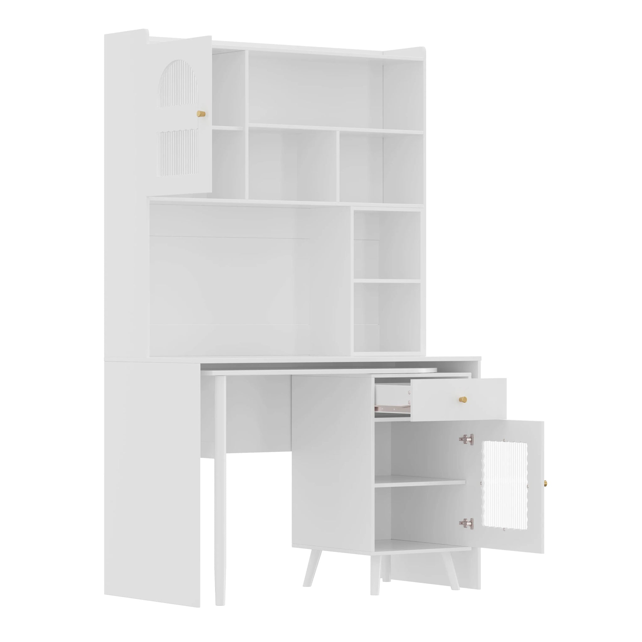 Bellemave® Computer Desk with 90 Degree Rotating Desktop,Storage Drawer and Cabinets, Gaming Desk with Shelves - Bellemave
