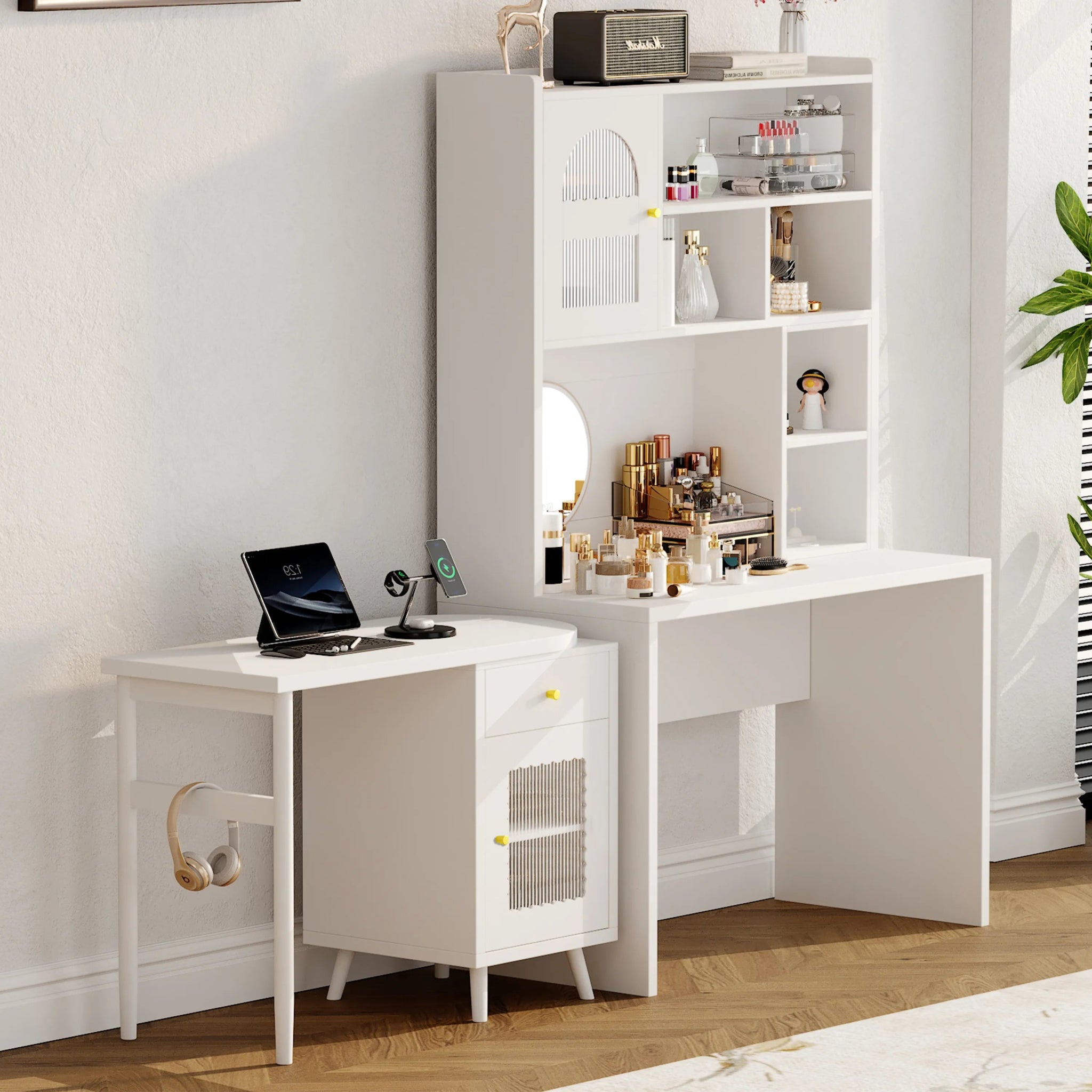 Bellemave® Computer Desk with 90 Degree Rotating Desktop,Storage Drawer and Cabinets, Gaming Desk with Shelves - Bellemave