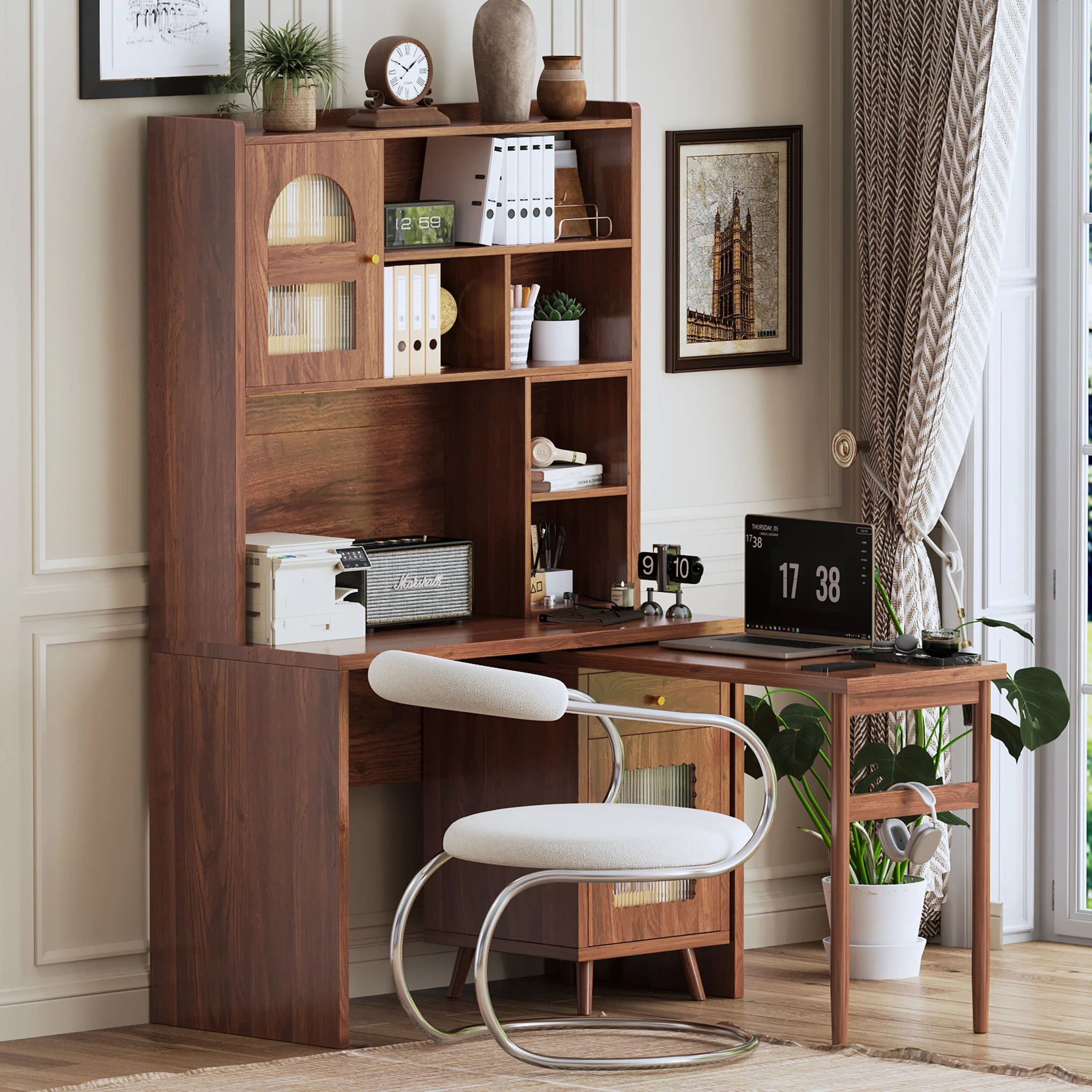 Bellemave® Computer Desk with 90 Degree Rotating Desktop,Storage Drawer and Cabinets, Gaming Desk with Shelves - Bellemave
