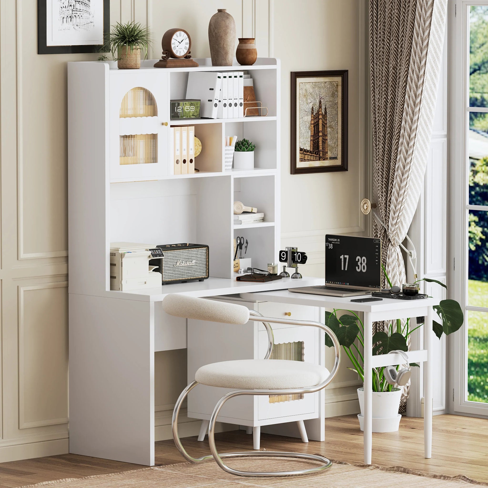 Bellemave® Computer Desk with 90 Degree Rotating Desktop,Storage Drawer and Cabinets, Gaming Desk with Shelves - Bellemave