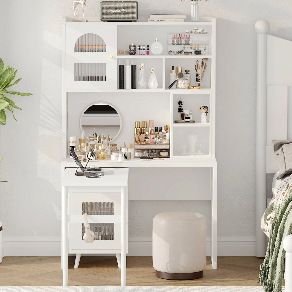 Bellemave® Computer Desk with 90 Degree Rotating Desktop,Storage Drawer and Cabinets, Gaming Desk with Shelves - Bellemave