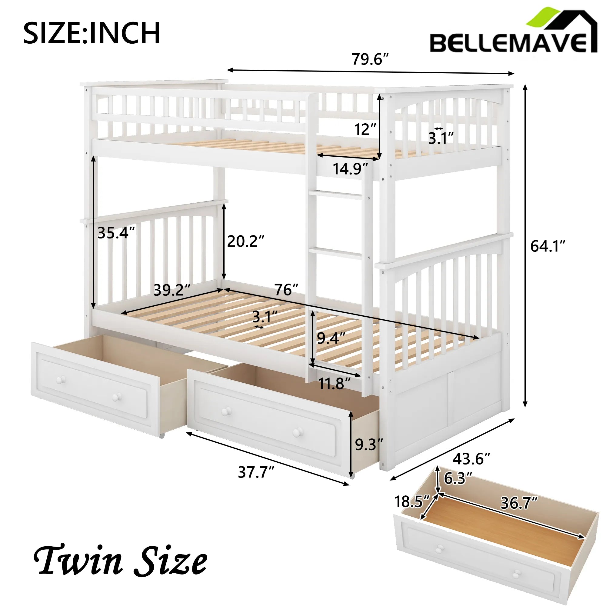 Bellemave® Convertible Bunk Bed with 2 Drawers - Bellemave