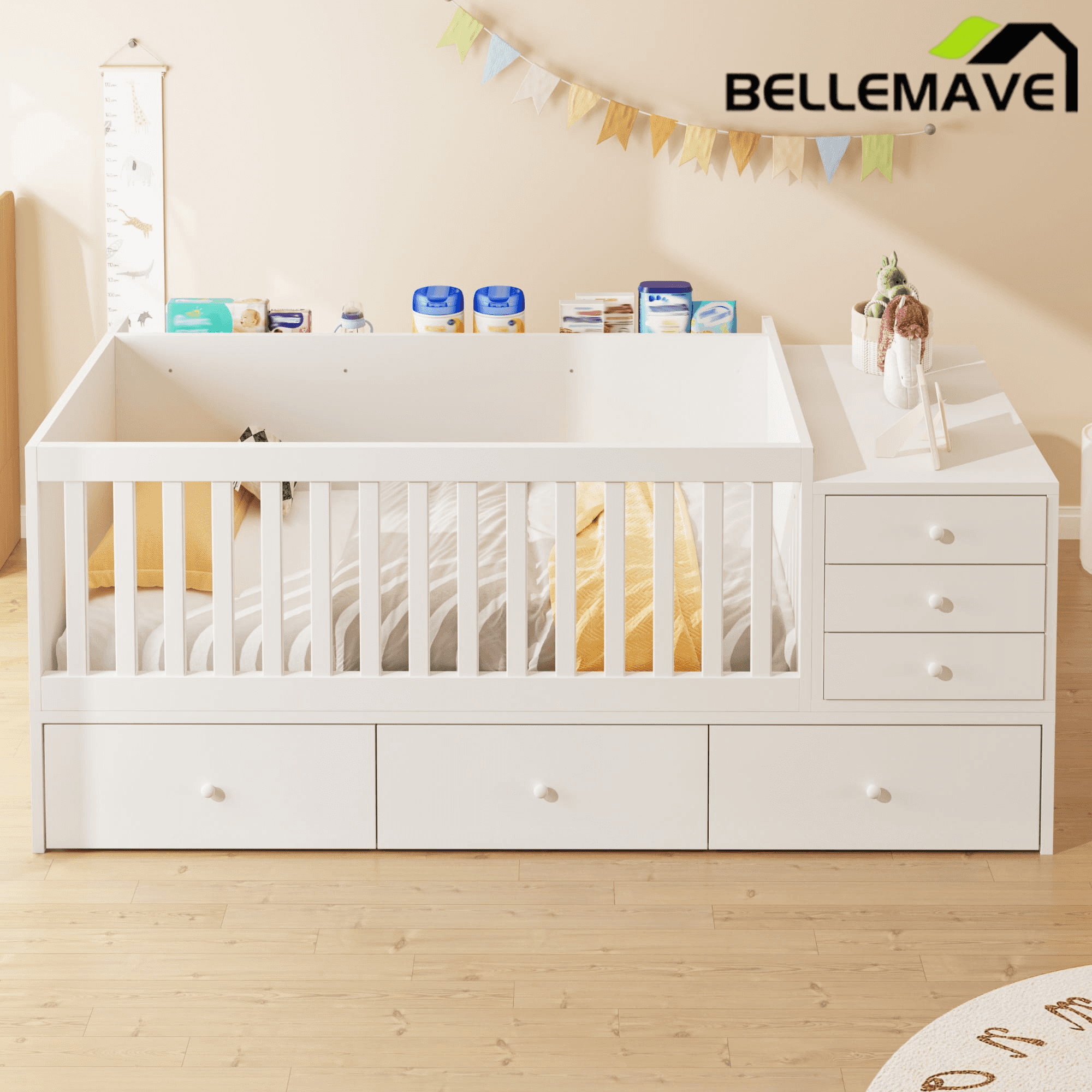 Bellemave® Convertible Crib to Daybed with Drawers,2 - in - 1 Baby Crib with Solid Wood Guardrails,Changing Table & Storage Drawers,Toddler Bed with Safety Rail - Bellemave