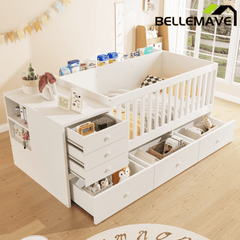 Bellemave® Convertible Crib to Daybed with Drawers,2 - in - 1 Baby Crib with Solid Wood Guardrails,Changing Table & Storage Drawers,Toddler Bed with Safety Rail - Bellemave