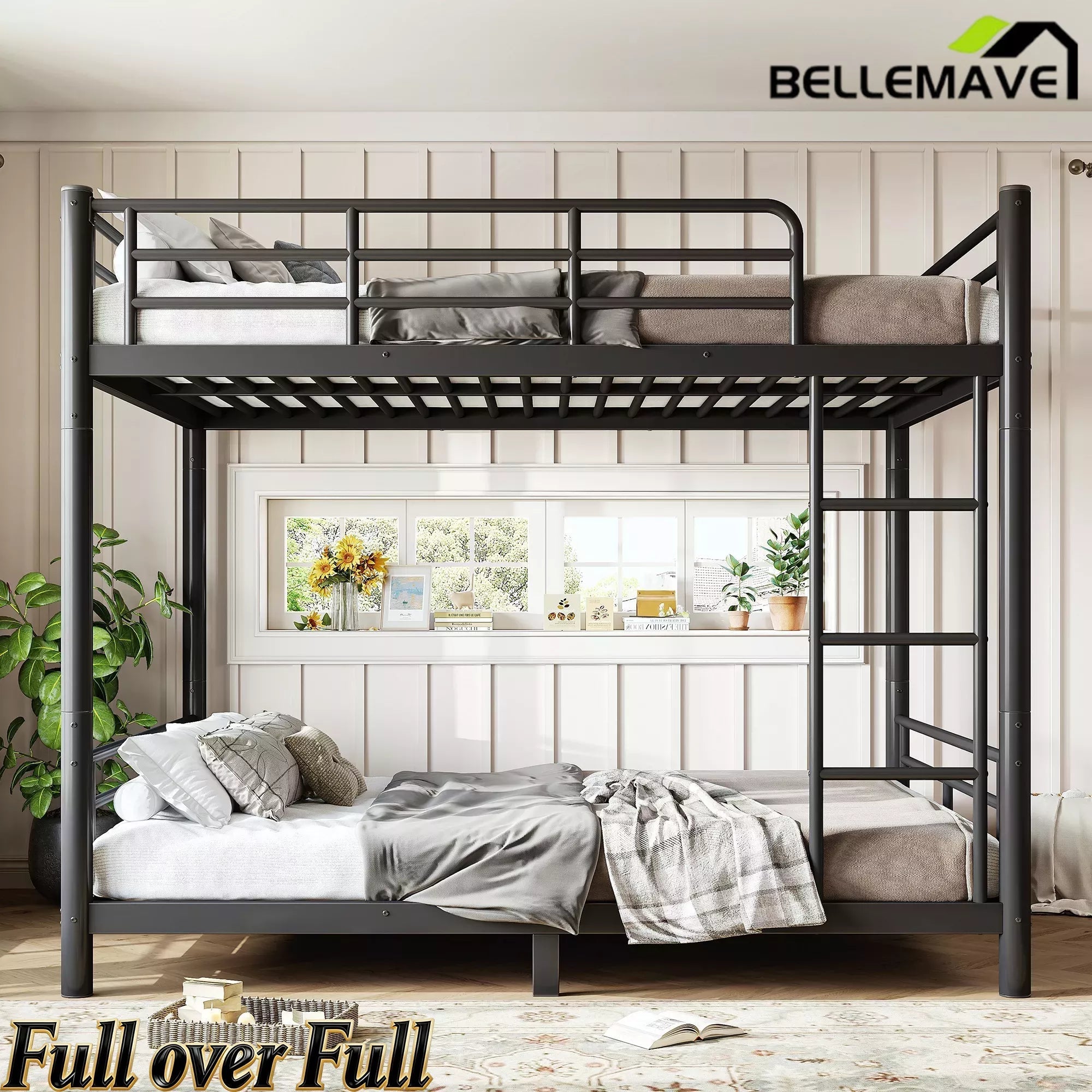 Bellemave® Convertible Full Bunk Bed – Space Saving Frame Splits into 2 Beds for Teens & Adults - Bellemave