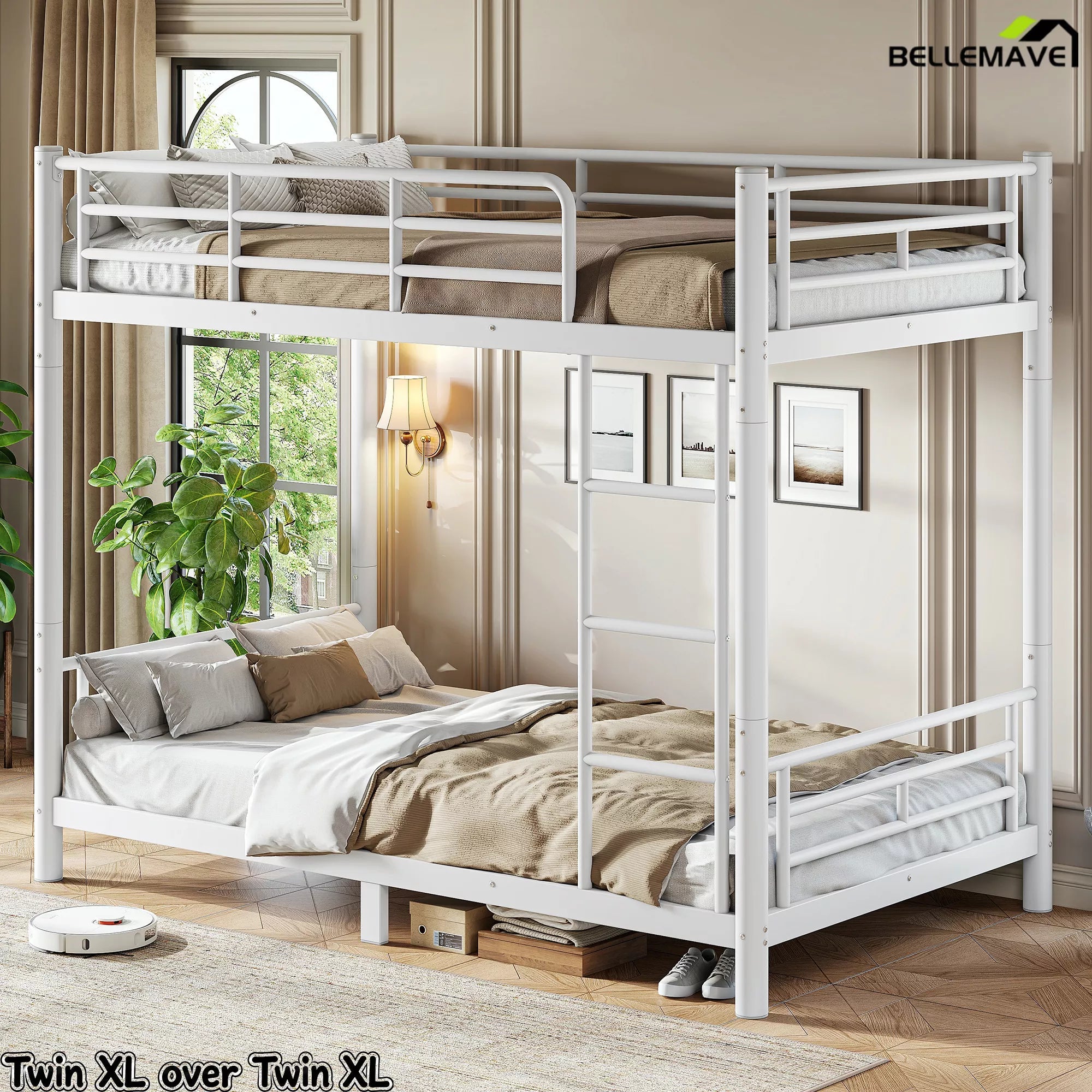 Twin XL over twin XL bunk bed with round steel tubing
