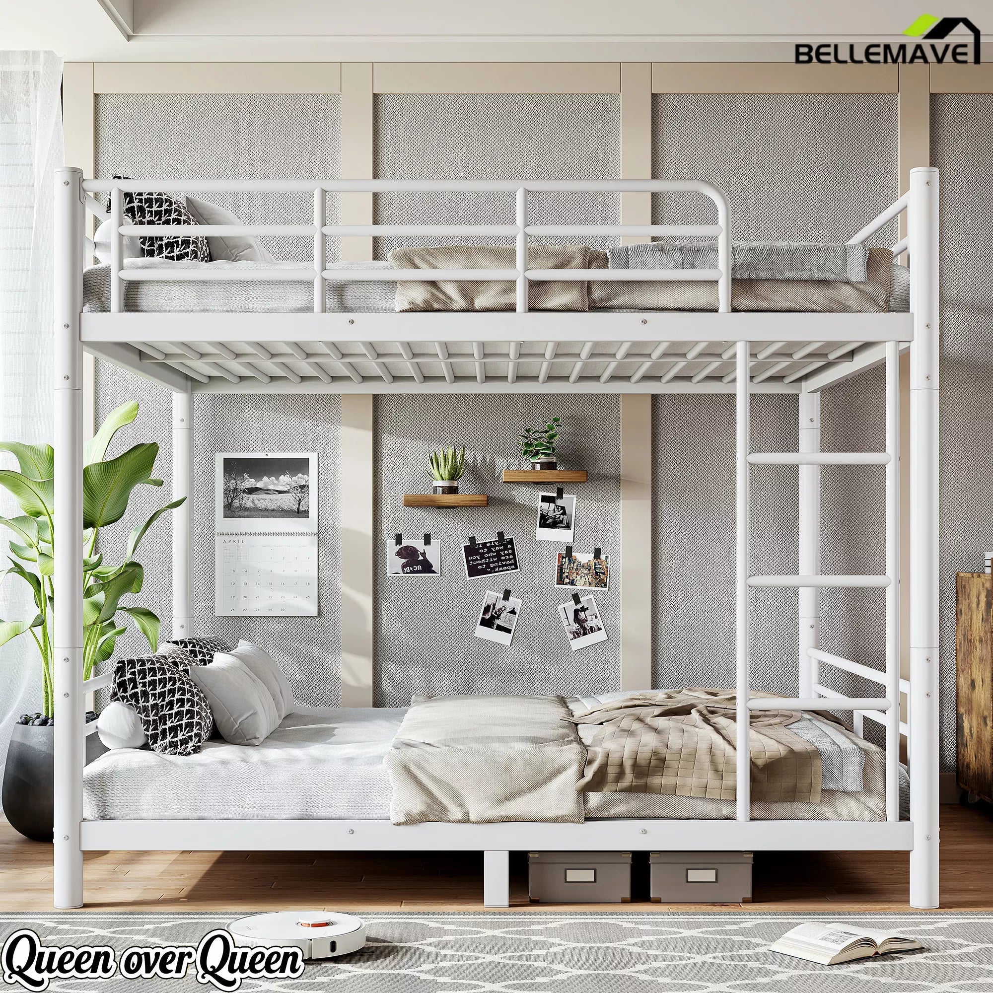 White queen over queen metal bunk bed in a modern bedroom
