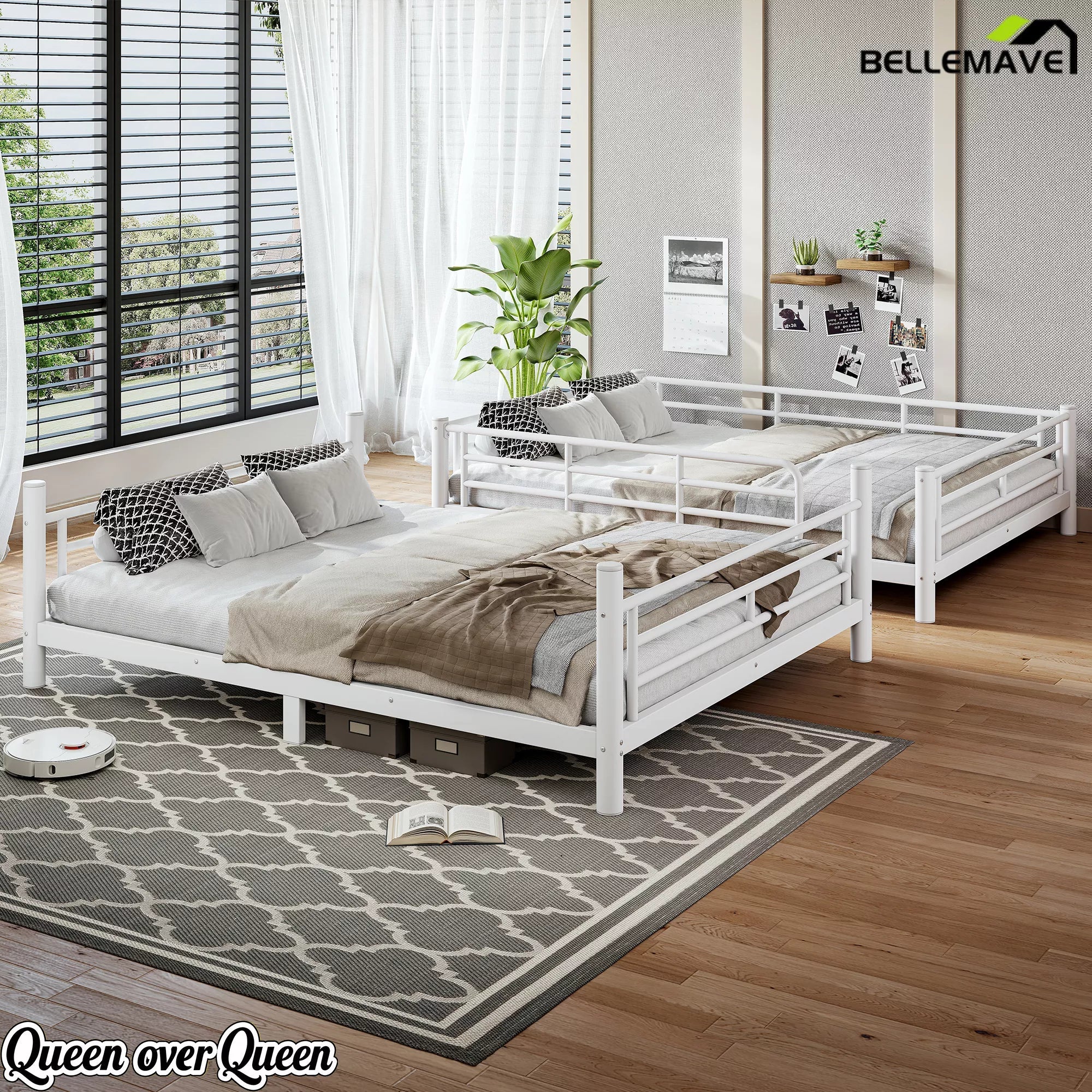 White queen over queen metal bunk bed in a modern bedroom