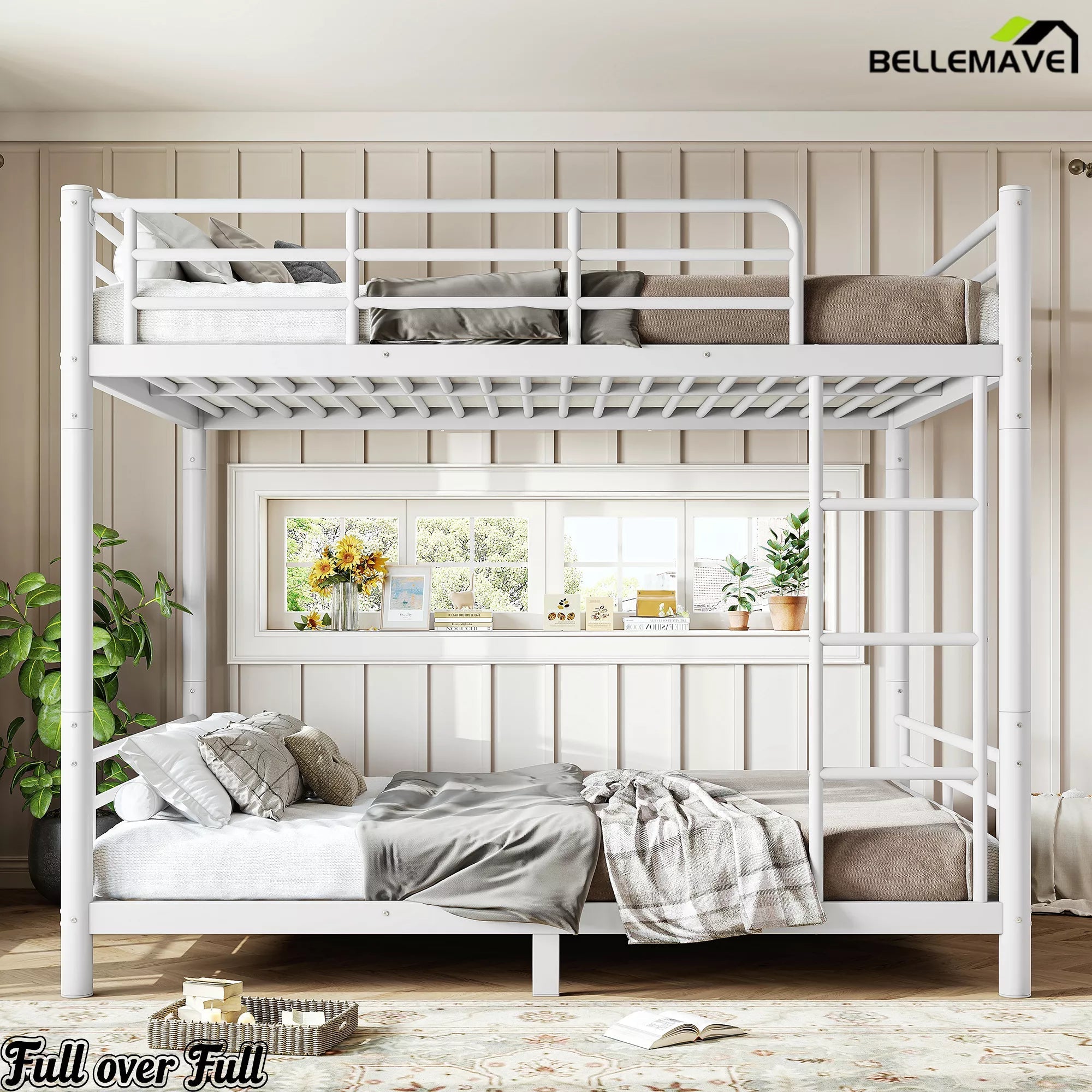 Full over full metal bunk bed with upper guardrails and ladder