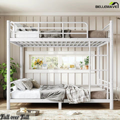 Full over full metal bunk bed with upper guardrails and ladder
