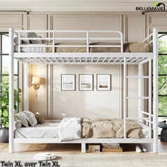 Twin XL over twin XL bunk bed with upper guardrails and metal slats