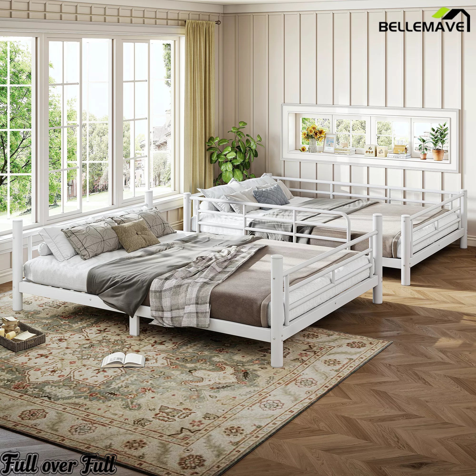 Full over full metal bunk bed in a bright bedroom