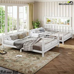 Full over full metal bunk bed in a bright bedroom
