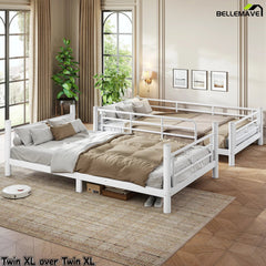 Twin XL over twin XL metal bunk bed in a bright bedroom