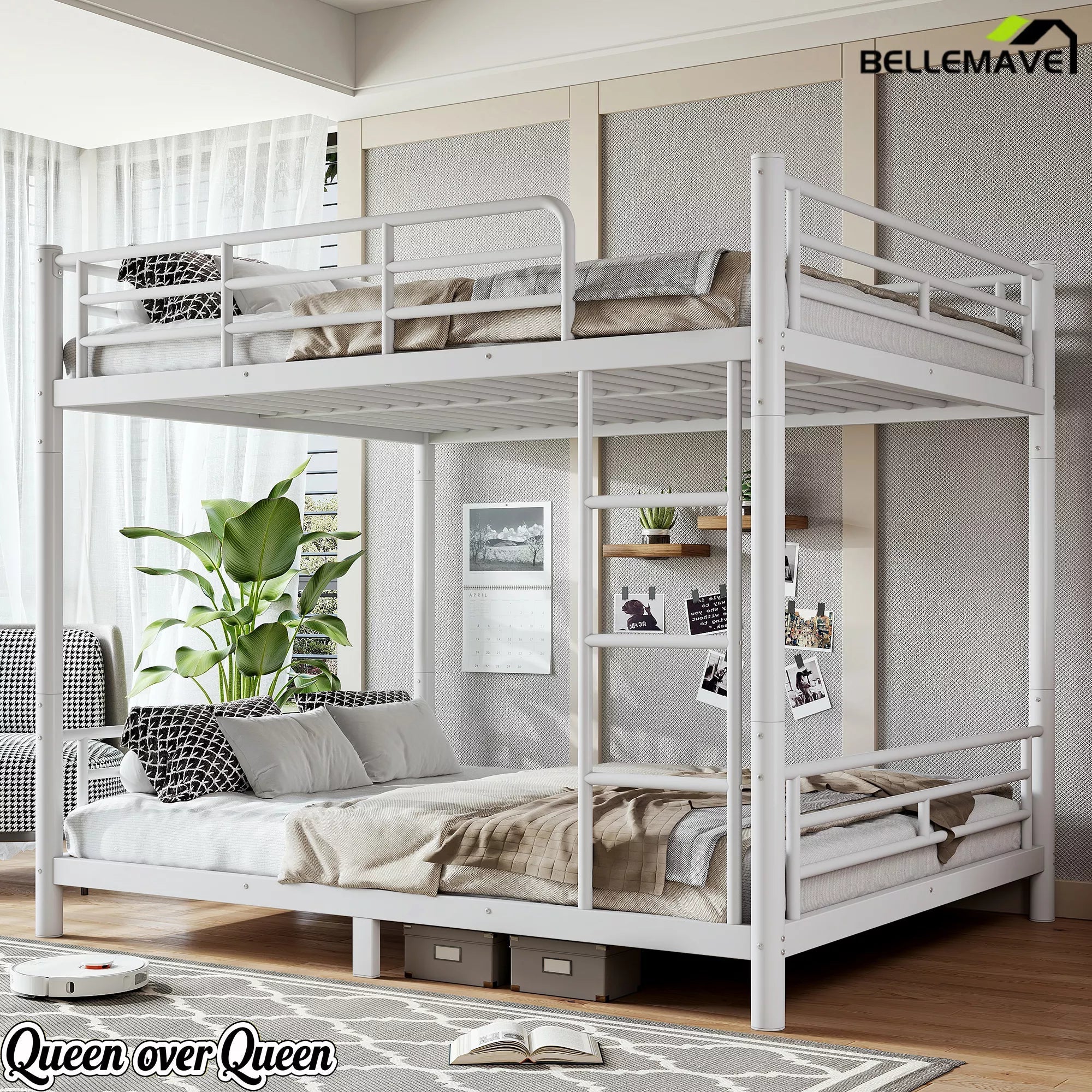 Queen over queen bunk bed with white round tube frame