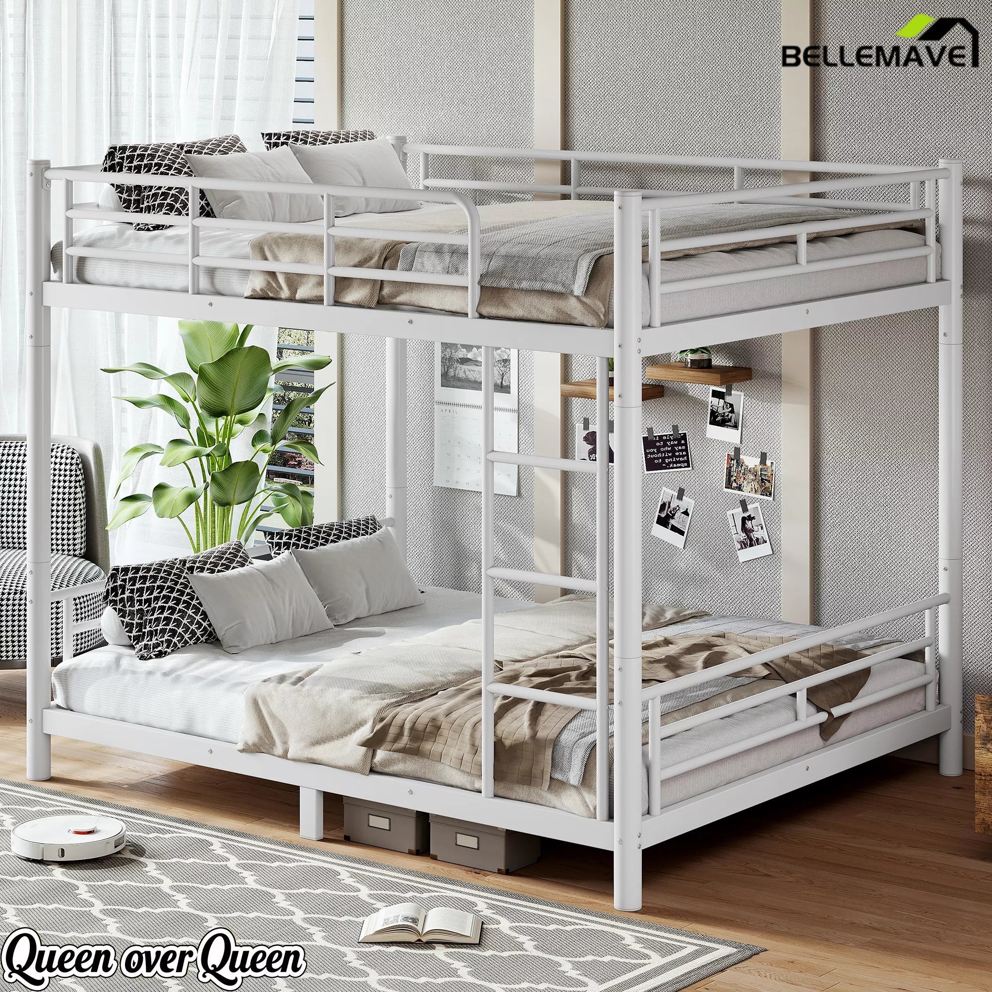 Queen over queen metal bunk bed with ladder and guardrails