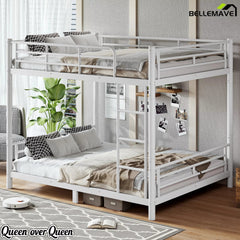 Queen over queen metal bunk bed with ladder and guardrails