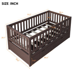 Bellemave® Convertible Toddler Bed with Storage Drawers, 3 - in - 1 Solid Wood Kids Daybed with Removable Guardrails, Espresso - Bellemave
