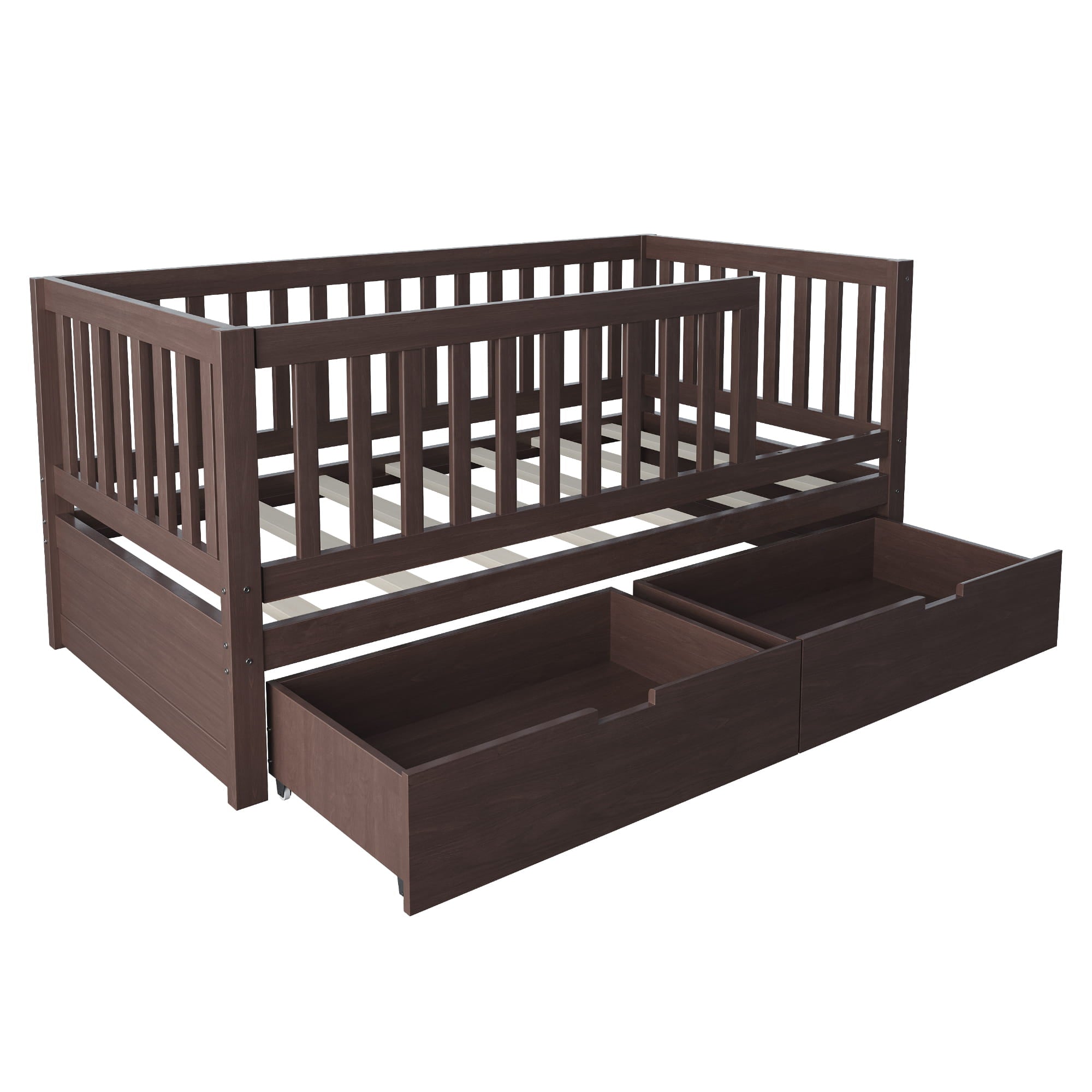 Bellemave® Convertible Toddler Bed with Storage Drawers, 3 - in - 1 Solid Wood Kids Daybed with Removable Guardrails, Espresso - Bellemave