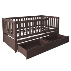 Bellemave® Convertible Toddler Bed with Storage Drawers, 3 - in - 1 Solid Wood Kids Daybed with Removable Guardrails, Espresso - Bellemave