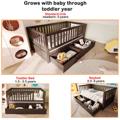 Bellemave® Convertible Toddler Bed with Storage Drawers, 3 - in - 1 Solid Wood Kids Daybed with Removable Guardrails, Espresso - Bellemave