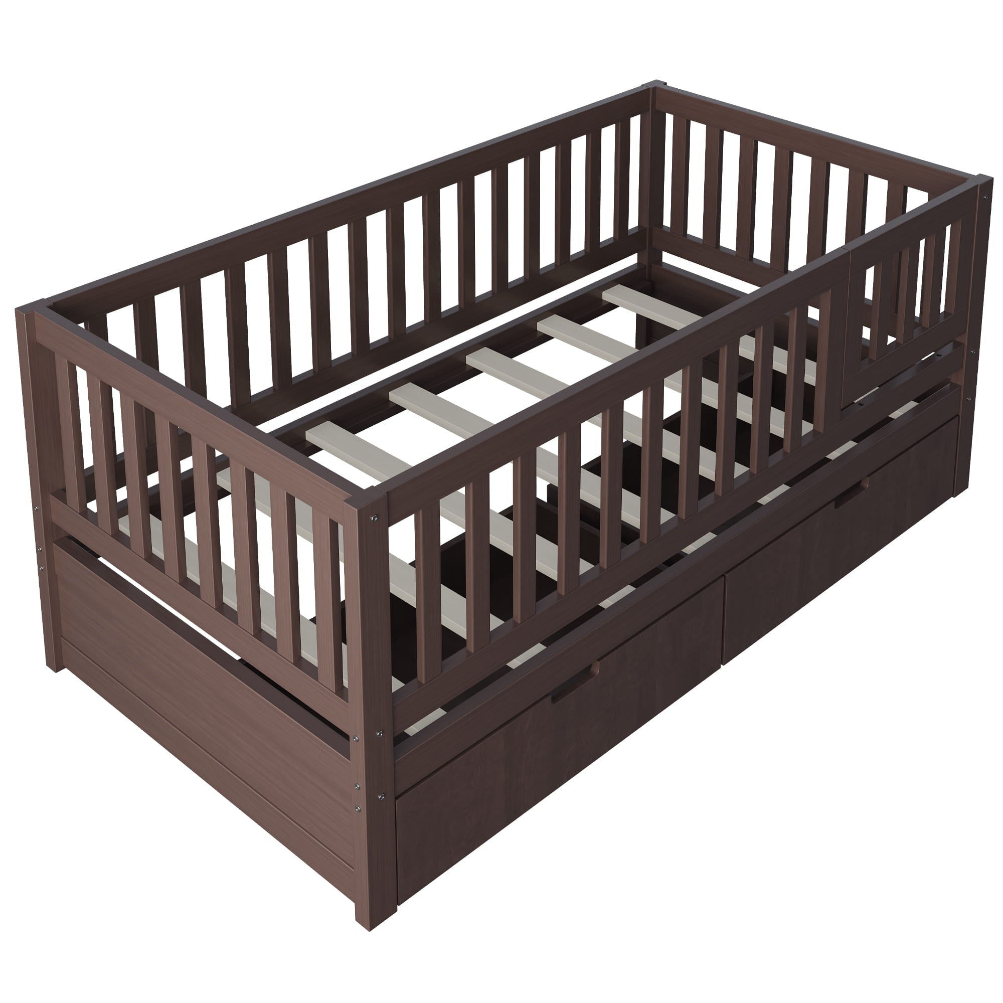 Bellemave® Convertible Toddler Bed with Storage Drawers, 3 - in - 1 Solid Wood Kids Daybed with Removable Guardrails, Espresso - Bellemave