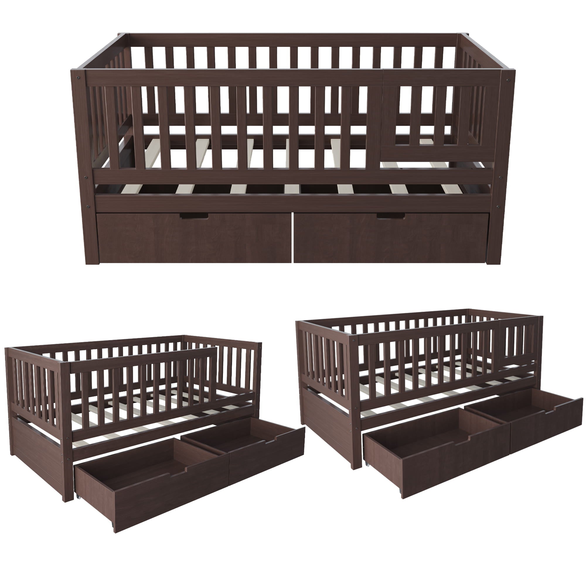 Bellemave® Convertible Toddler Bed with Storage Drawers, 3 - in - 1 Solid Wood Kids Daybed with Removable Guardrails, Espresso - Bellemave