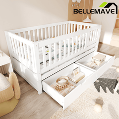 Bellemave® Convertible Toddler Bed with Storage Drawers, 3 - in - 1 Solid Wood Kids Daybed with Removable Guardrails, Espresso - Bellemave