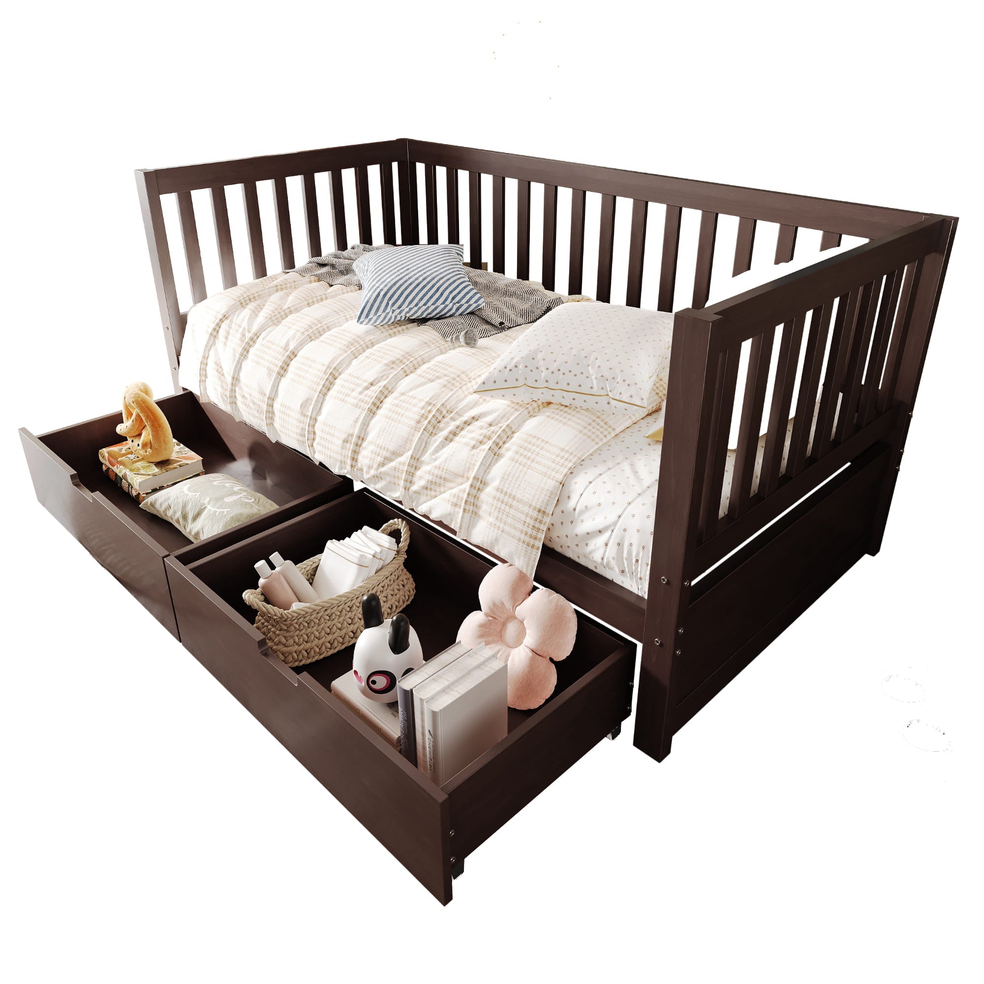 Bellemave® Convertible Toddler Bed with Storage Drawers, 3 - in - 1 Solid Wood Kids Daybed with Removable Guardrails, Espresso - Bellemave