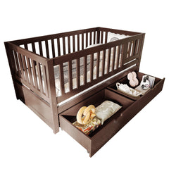 Bellemave® Convertible Toddler Bed with Storage Drawers, 3 - in - 1 Solid Wood Kids Daybed with Removable Guardrails, Espresso - Bellemave