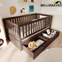 Bellemave® Convertible Toddler Bed with Storage Drawers, 3 - in - 1 Solid Wood Kids Daybed with Removable Guardrails, Espresso - Bellemave