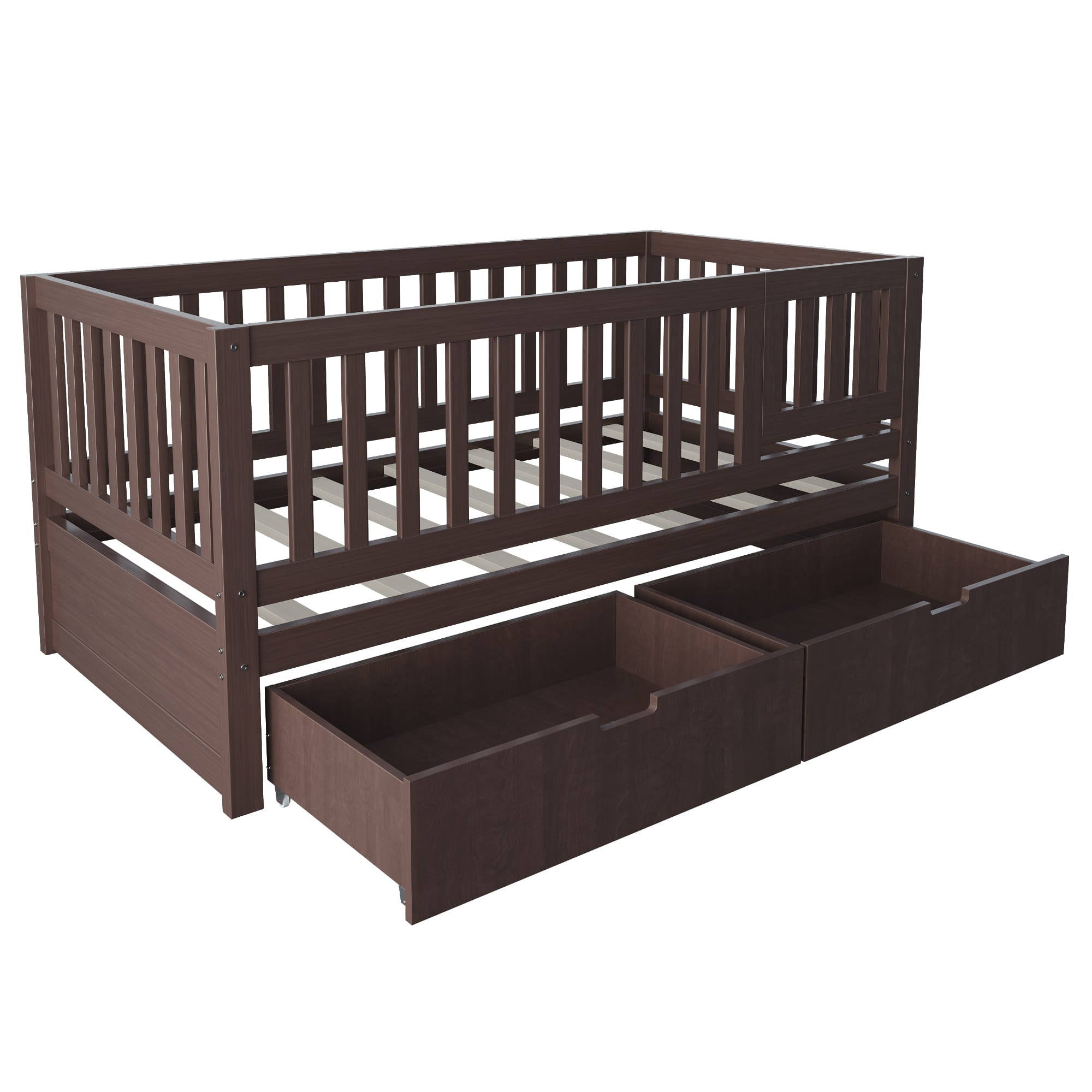 Bellemave® Convertible Toddler Bed with Storage Drawers, 3 - in - 1 Solid Wood Kids Daybed with Removable Guardrails, Espresso - Bellemave