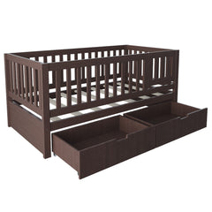 Bellemave® Convertible Toddler Bed with Storage Drawers, 3 - in - 1 Solid Wood Kids Daybed with Removable Guardrails, Espresso - Bellemave