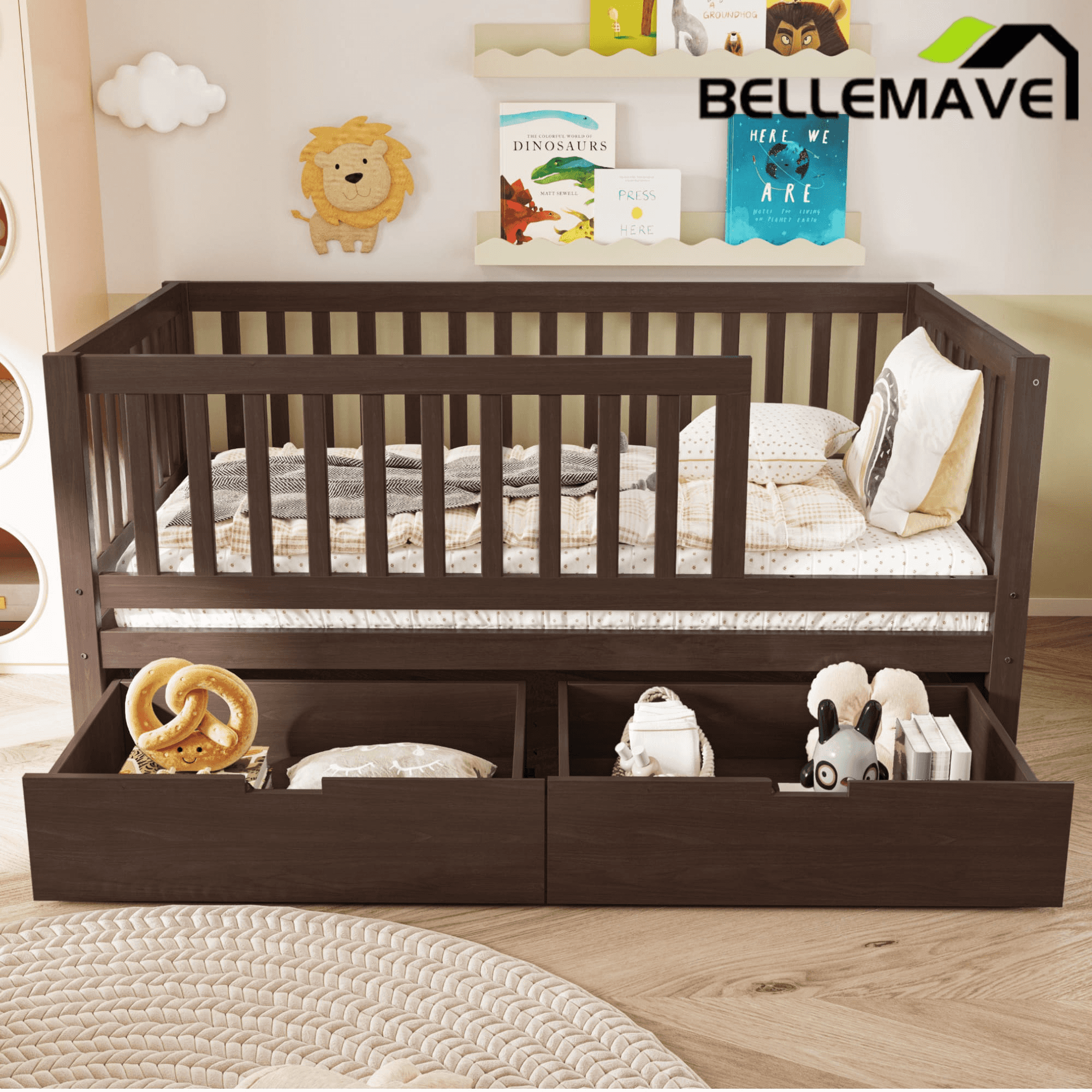 Bellemave® Convertible Toddler Bed with Storage Drawers, 3 - in - 1 Solid Wood Kids Daybed with Removable Guardrails, Espresso - Bellemave