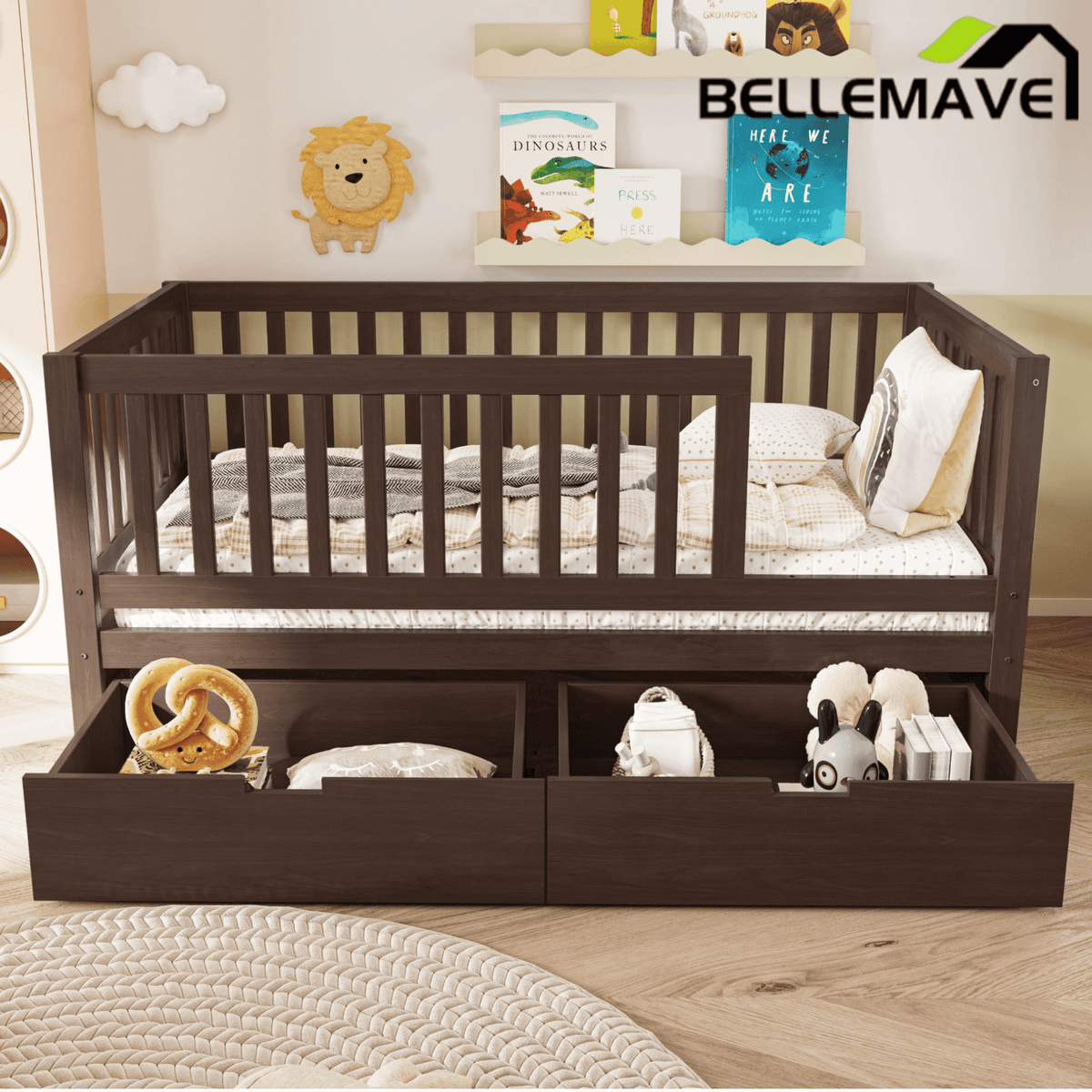 Bellemave® Convertible Toddler Bed with Storage Drawers, 3 - in - 1 Solid Wood Kids Daybed with Removable Guardrails, Espresso - Bellemave